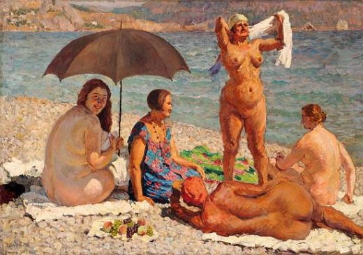 Творчество Ильи Машкова, любителя пляжей и их обитателей. "На пляже. Гурзуф", 1926.