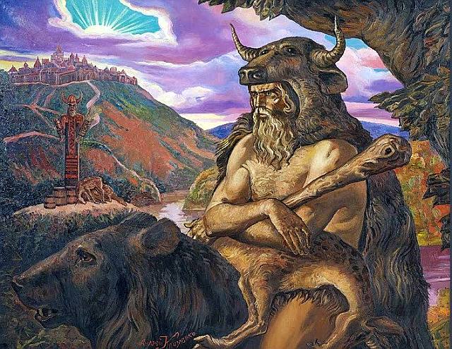 Славянский бог Велес у подножия горы Алатавр, на горе град Кияр