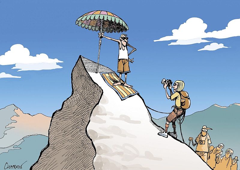 турист с зонтиком на скале карикатура